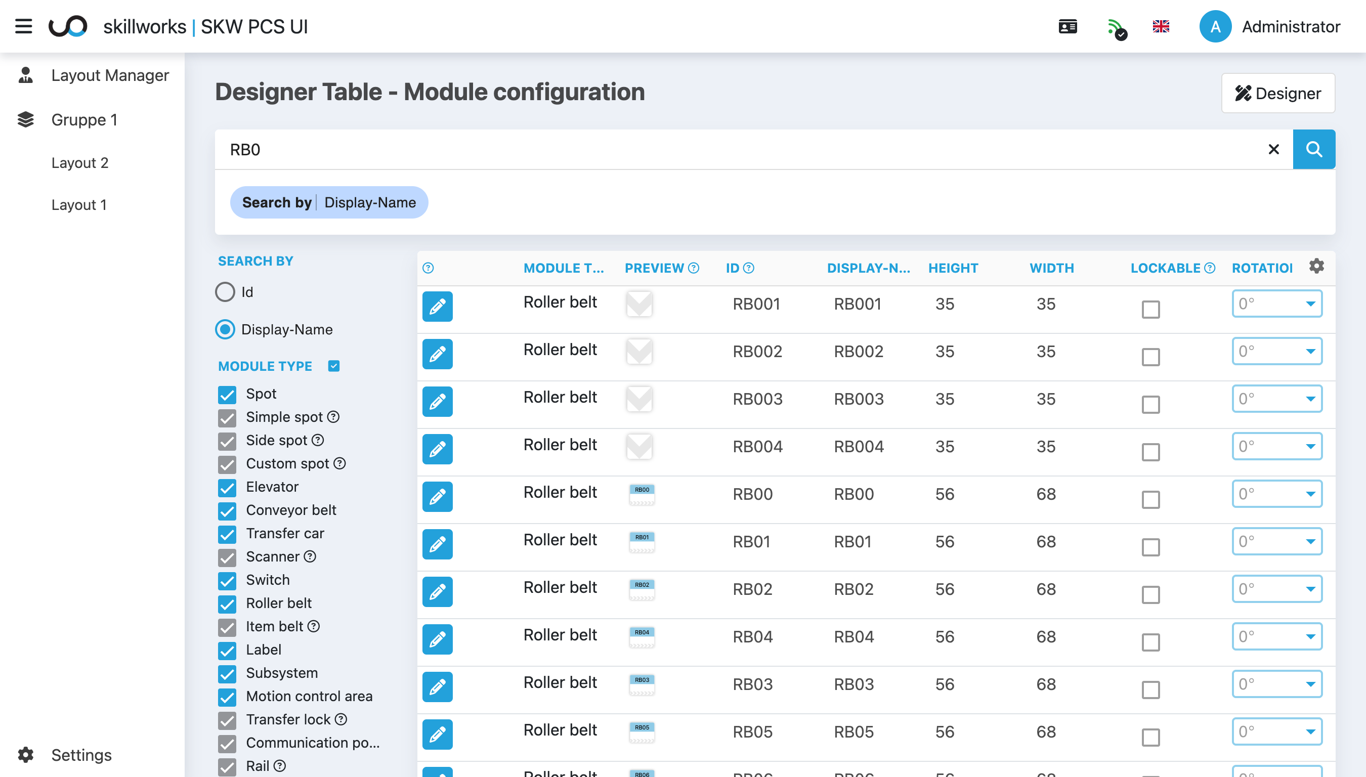 Designer table view for module configuration
